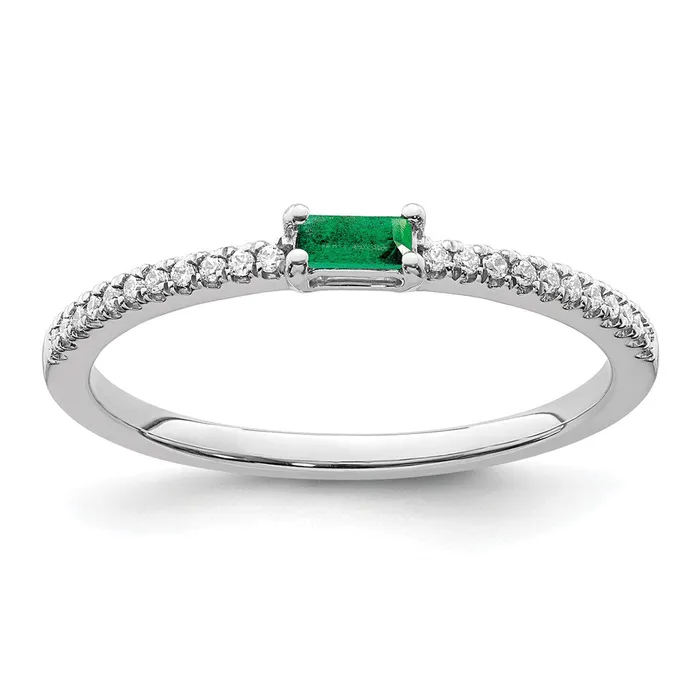 Goldia Rings 14k White Gold Polished Emerald and Real Diamond Ring