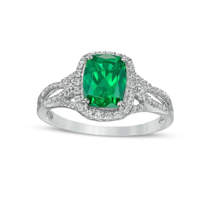 Goldia Rings CushionCut LabCreated Emerald and White Sapphire Frame Split Shank Ring in Sterling Silver Goldia Rings CushionCut LabCreated Emerald and White Sapphire Frame Split Shank Ring in Sterling Silver