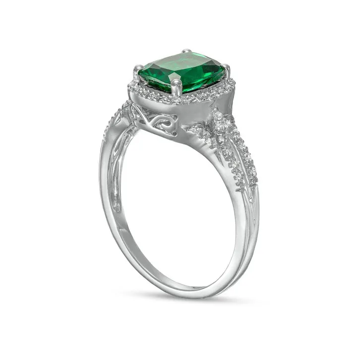 Goldia Rings CushionCut LabCreated Emerald and White Sapphire Frame Split Shank Ring in Sterling Silver Goldia Rings CushionCut LabCreated Emerald and White Sapphire Frame Split Shank Ring in Sterling Silver