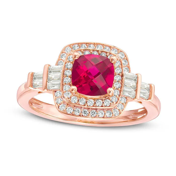 Goldia Rings CushionCut LabCreated Ruby and White Sapphire Double Frame Art Deco Ring in Sterling Silver with Solid 14K Rose Gold Plate Goldia Rings CushionCut LabCreated Ruby and White Sapphire Double Frame Art Deco Ring in Sterling Silver with Solid 14K Rose Gold Plate