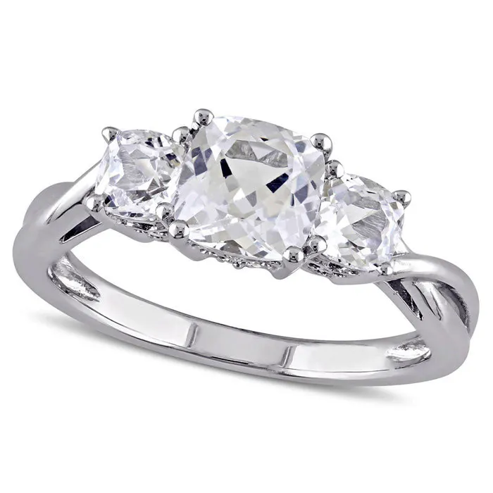 Goldia Rings CushionCut LabCreated White Sapphire and Diamond Accent Three Stone Split Shank Ring in Solid 10K White Gold Goldia Rings CushionCut LabCreated White Sapphire and Diamond Accent Three Stone Split Shank Ring in Solid 10K White Gold
