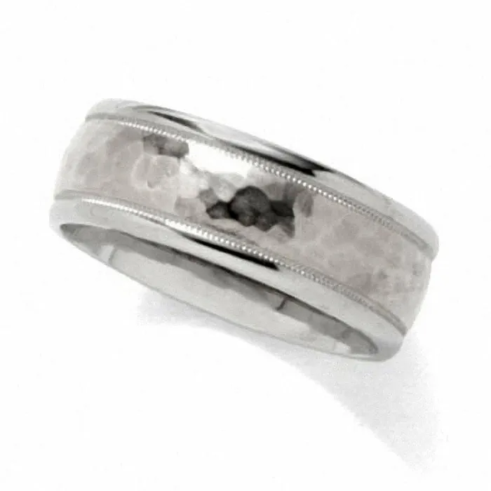 Goldia Rings Mens 80mm Hammered Wedding Band in Solid 14K White Gold
