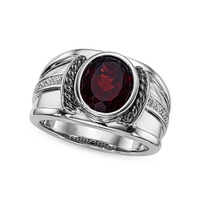 Goldia Rings Mens Oval Garnet and Natural Diamond Accent Rope Collar Band in Sterling Silver Goldia Rings Mens Oval Garnet and Natural Diamond Accent Rope Collar Band in Sterling Silver