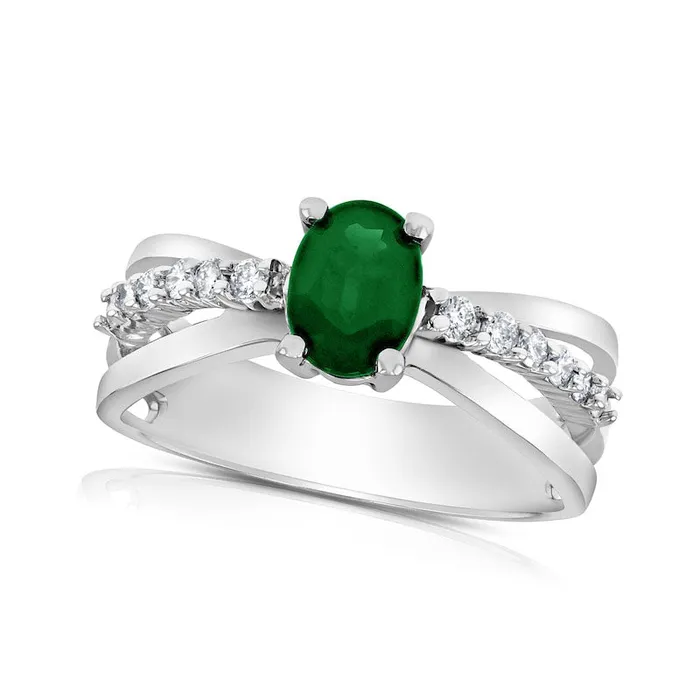 Goldia Rings Oval Emerald and 020 CT TW Natural Diamond Triple Row Split Shank Ring in Solid 14K White Gold Goldia Rings Oval Emerald and 020 CT TW Natural Diamond Triple Row Split Shank Ring in Solid 14K White Gold