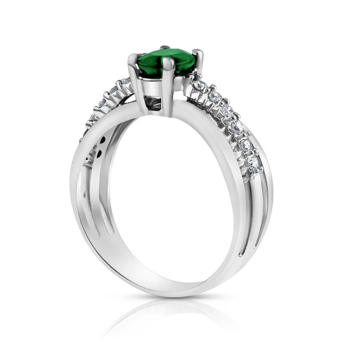 Goldia Rings Oval Emerald and 020 CT TW Natural Diamond Triple Row Split Shank Ring in Solid 14K White Gold Goldia Rings Oval Emerald and 020 CT TW Natural Diamond Triple Row Split Shank Ring in Solid 14K White Gold