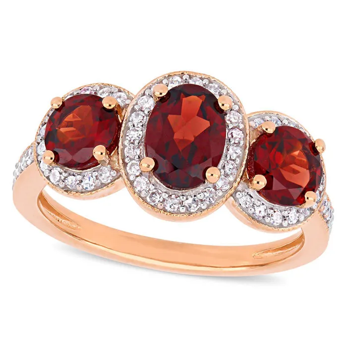 Goldia Rings Oval Garnet and 025 CT TW Natural Diamond Three Stone Frame Antique VintageStyle Ring in Sterling Silver with Rose Rhodium Goldia Rings Oval Garnet and 025 CT TW Natural Diamond Three Stone Frame Antique VintageStyle Ring in Sterling Silver with Rose Rhodium