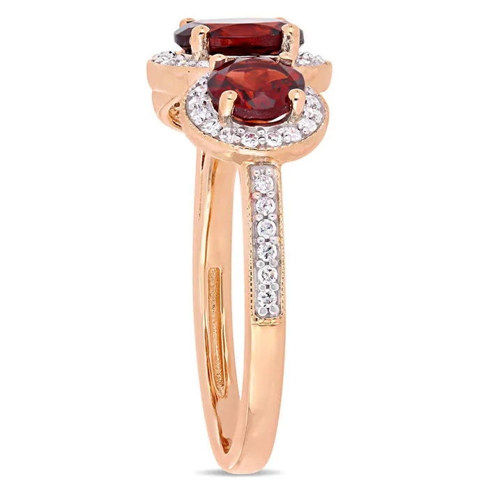 Goldia Rings Oval Garnet and 025 CT TW Natural Diamond Three Stone Frame Antique VintageStyle Ring in Sterling Silver with Rose Rhodium