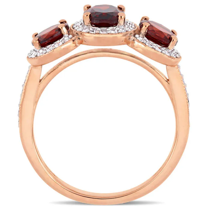 Goldia Rings Oval Garnet and 025 CT TW Natural Diamond Three Stone Frame Antique VintageStyle Ring in Sterling Silver with Rose Rhodium