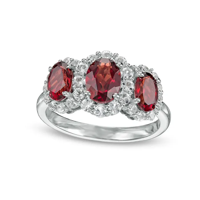 Goldia Rings Oval Garnet and White LabCreated Sapphire Frame Three Stone Ring in Sterling Silver Goldia Rings Oval Garnet and White LabCreated Sapphire Frame Three Stone Ring in Sterling Silver
