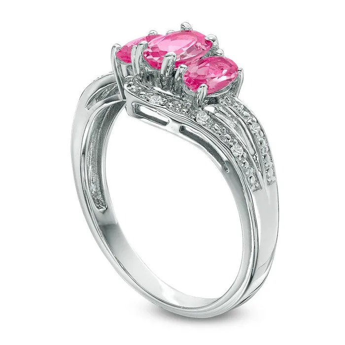 Goldia Rings Oval LabCreated Pink and White Sapphire Three Stone Bypass Ring in Sterling Silver
