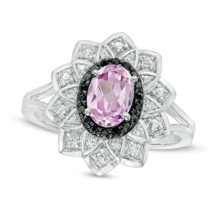 Goldia Rings Oval LabCreated Pink Sapphire and 010 CT TW White and Enhanced Black Diamond Frame Ring in Sterling Silver