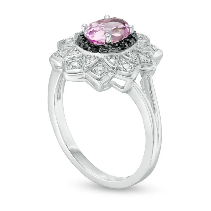 Goldia Rings Oval LabCreated Pink Sapphire and 010 CT TW White and Enhanced Black Diamond Frame Ring in Sterling Silver