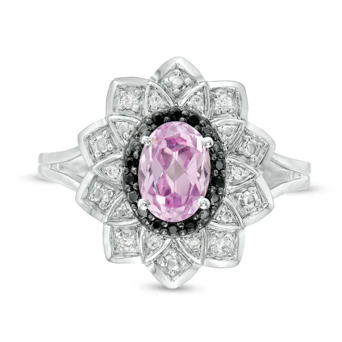 Goldia Rings Oval LabCreated Pink Sapphire and 010 CT TW White and Enhanced Black Diamond Frame Ring in Sterling Silver
