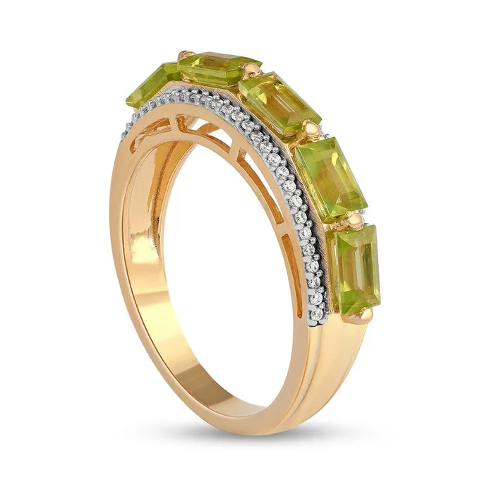 Goldia Rings Sideways Baguette Peridot and 017 CT TW Natural Diamond Border Five Stone Ring in Solid 10K Yellow Gold
