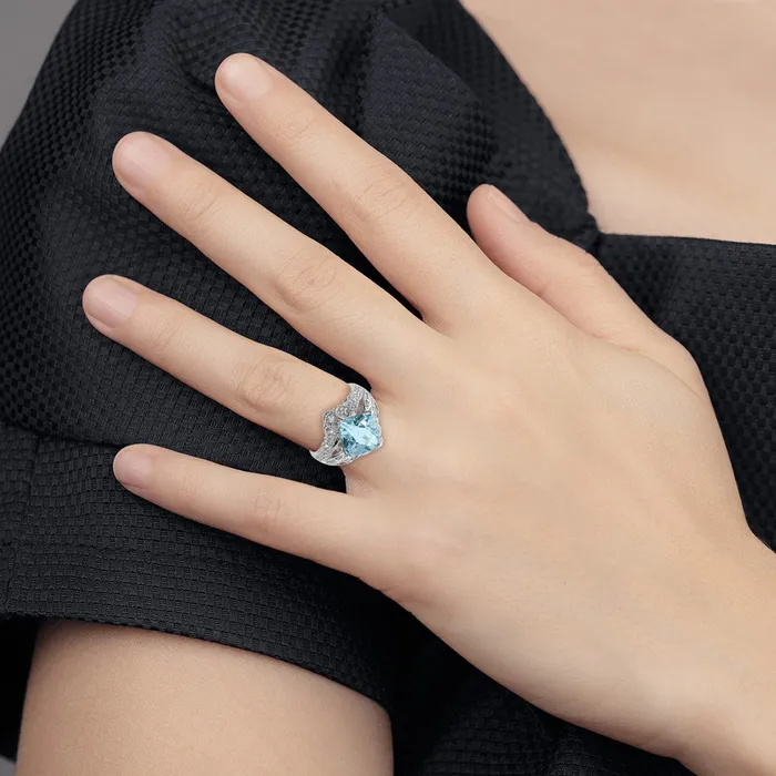Goldia Rings Sterling Silver Rhodium CheckerCut Sky Blue Topaz u0026 Diamond Ring