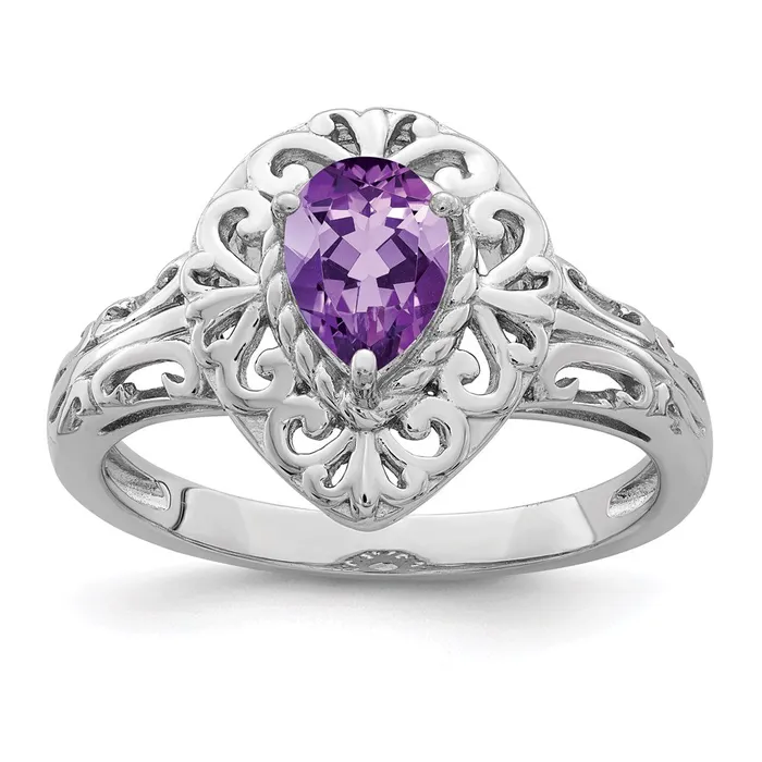Goldia Rings Sterling Silver Rhodium Plated Amethyst Teardrop Ring