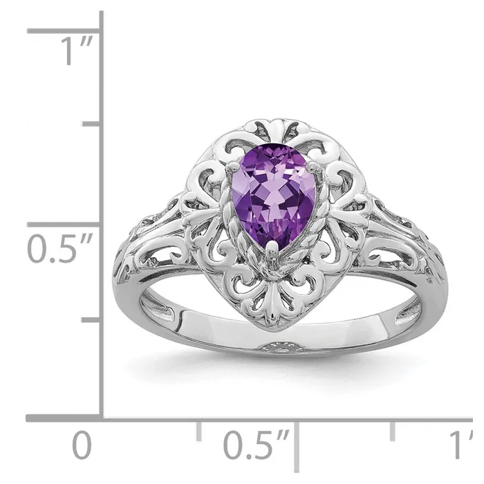Goldia Rings Sterling Silver Rhodium Plated Amethyst Teardrop Ring