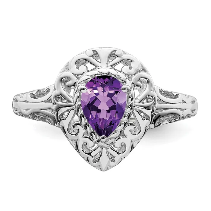 Goldia Rings Sterling Silver Rhodium Plated Amethyst Teardrop Ring