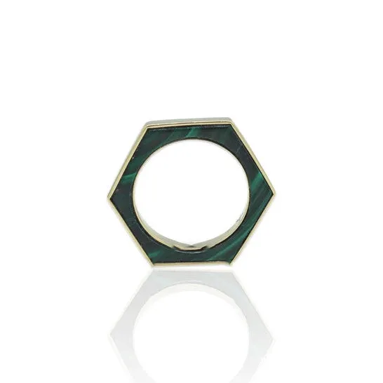 JMS always Rings Original Tresorra 18K Yellow Gold Hexagon Malachite RingNecklaceRing Size 575Length 16 inches