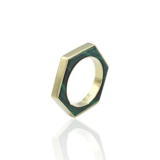 JMS always Rings Original Tresorra 18K Yellow Gold Hexagon Malachite RingNecklaceRing Size 575Length 16 inches