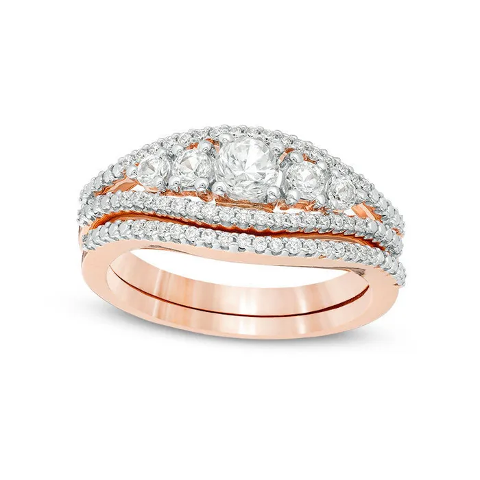 LabCreated White Sapphire and 017 CT TW Diamond Five Stone Bridal Engagement Ring Set in Solid 10K Rose Gold Goldia Rings LabCreated White Sapphire and 017 CT TW Diamond Five Stone Bridal Engagement Ring Set in Solid 10K Rose Gold Goldia Rings