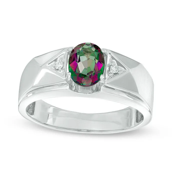 Mens Oval Mystic Fire Topaz and Natural Diamond Accent Ring in Solid 10K White Gold Goldia Rings Mens Oval Mystic Fire Topaz and Natural Diamond Accent Ring in Solid 10K White Gold Goldia Rings