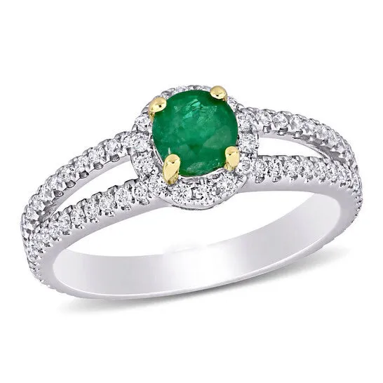 Original Amour 12 CT TGW Emerald and 12 CT TW Diamond Halo Split Shank Engagement Ring in 14k White and Yellow Gold JMS always Rings Original Amour 12 CT TGW Emerald and 12 CT TW Diamond Halo Split Shank Engagement Ring in 14k White and Yellow Gold JMS always Rings