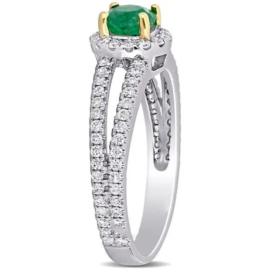 Original Amour 12 CT TGW Emerald and 12 CT TW Diamond Halo Split Shank Engagement Ring in 14k White and Yellow Gold JMS always Rings Original Amour 12 CT TGW Emerald and 12 CT TW Diamond Halo Split Shank Engagement Ring in 14k White and Yellow Gold JMS always Rings