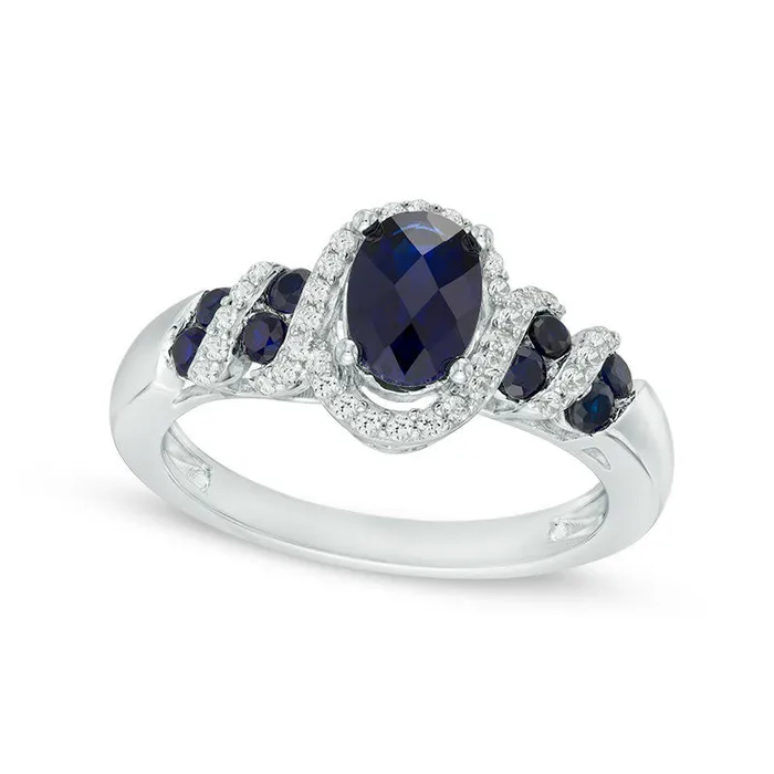 Oval LabCreated Blue and White Sapphire Cascading Frame Ring in Sterling Silver Goldia Rings Oval LabCreated Blue and White Sapphire Cascading Frame Ring in Sterling Silver Goldia Rings
