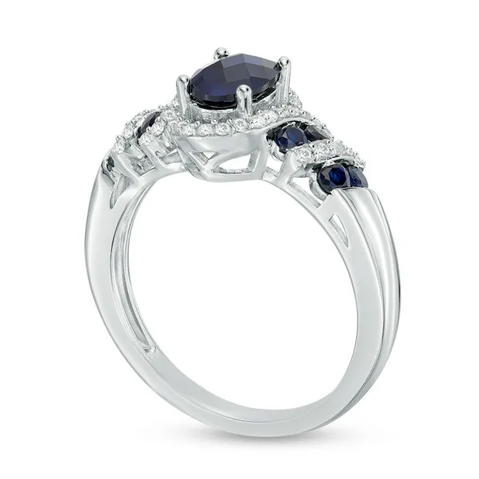 Oval LabCreated Blue and White Sapphire Cascading Frame Ring in Sterling Silver Goldia Rings Oval LabCreated Blue and White Sapphire Cascading Frame Ring in Sterling Silver Goldia Rings