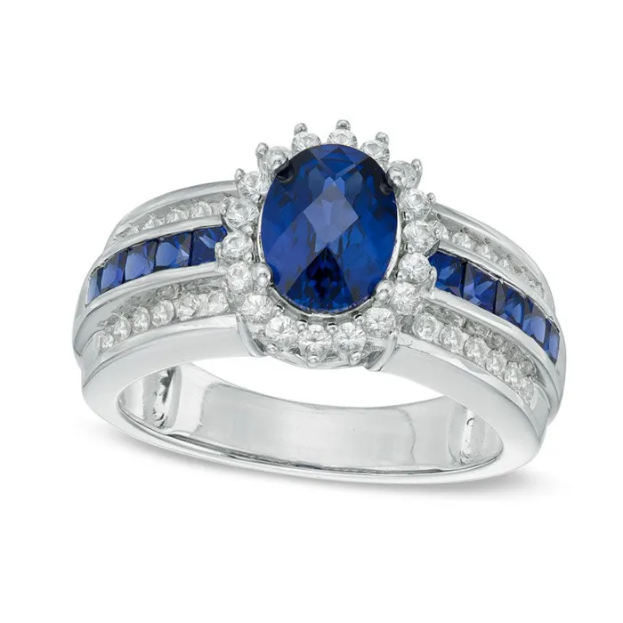 Oval LabCreated Blue and White Sapphire Frame Engagement Ring in Sterling Silver Goldia Rings Oval LabCreated Blue and White Sapphire Frame Engagement Ring in Sterling Silver Goldia Rings