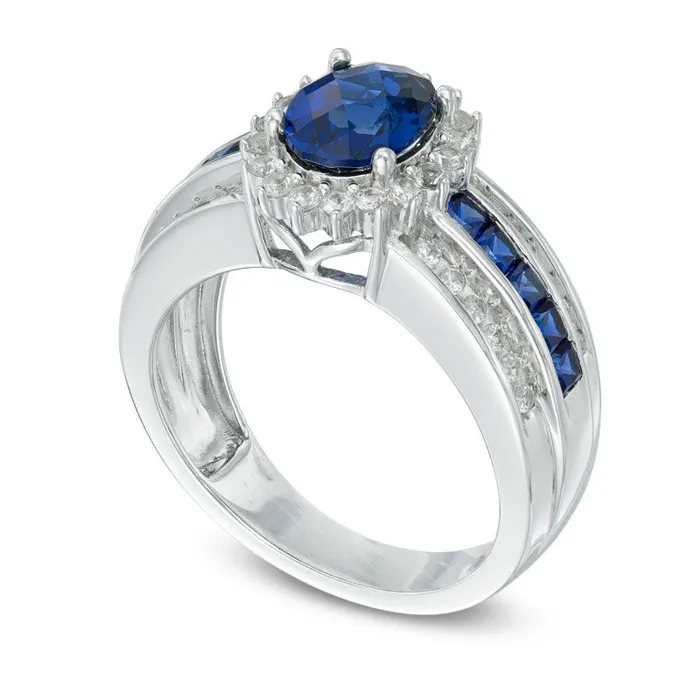 Oval LabCreated Blue and White Sapphire Frame Engagement Ring in Sterling Silver Goldia Rings