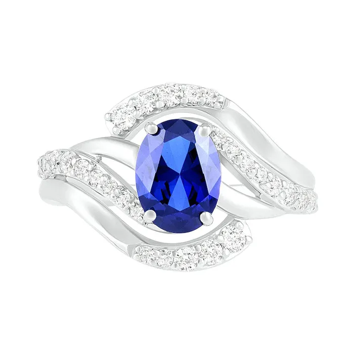 Oval LabCreated Blue and White Sapphire Wave Bypass Split Shank Ring in Sterling Silver Goldia Rings