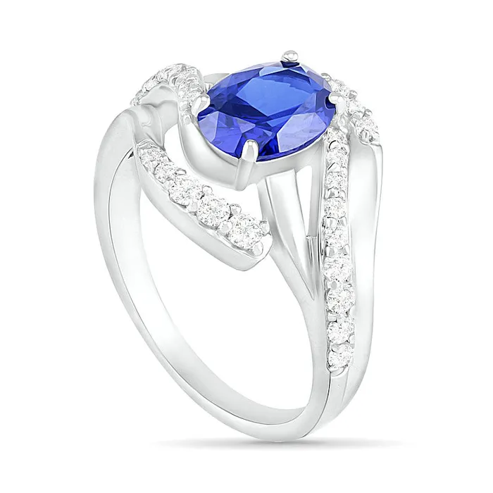 Oval LabCreated Blue and White Sapphire Wave Bypass Split Shank Ring in Sterling Silver Goldia Rings