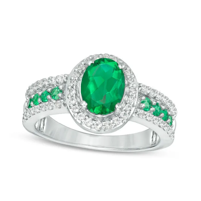 Oval LabCreated Emerald and White Sapphire Frame Ring in Sterling Silver Goldia Rings Oval LabCreated Emerald and White Sapphire Frame Ring in Sterling Silver Goldia Rings