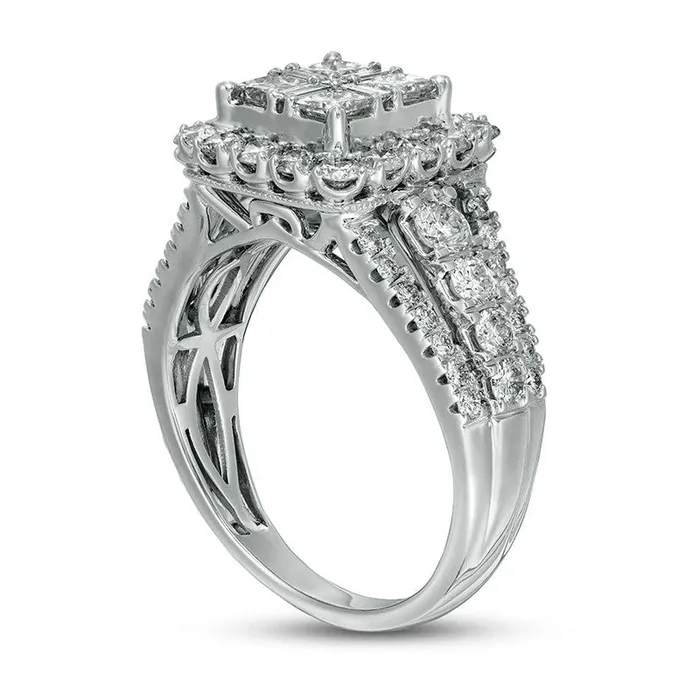 Previously Owned 15 CT TW Composite Natural Diamond Cushion Frame Antique VintageStyle Engagement Ring in Solid 14K White Gold Goldia Rings Previously Owned 15 CT TW Composite Natural Diamond Cushion Frame Antique VintageStyle Engagement Ring in Solid 14K White Gold Goldia Rings