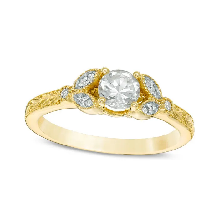 Rings 50mm LabCreated White Sapphire and Diamond Accent Leaf Antique VintageStyle Ring in Solid 10K Yellow Gold Goldia Rings 50mm LabCreated White Sapphire and Diamond Accent Leaf Antique VintageStyle Ring in Solid 10K Yellow Gold Goldia