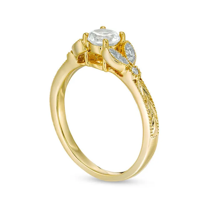 Rings 50mm LabCreated White Sapphire and Diamond Accent Leaf Antique VintageStyle Ring in Solid 10K Yellow Gold Goldia Rings 50mm LabCreated White Sapphire and Diamond Accent Leaf Antique VintageStyle Ring in Solid 10K Yellow Gold Goldia