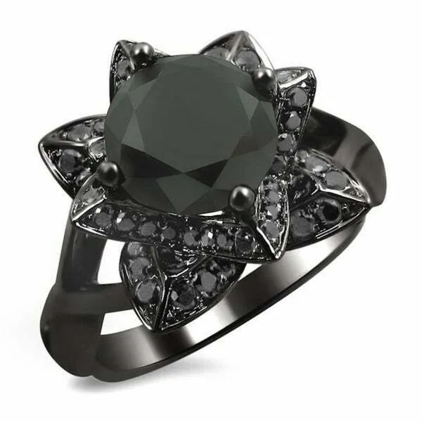 Rings Certified NEW 2 13ct TDW Black Diamond Lotus Engagement Ring in 14k Black Gold Goldiacom