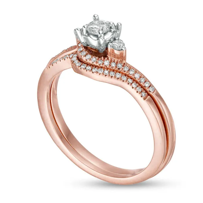 Rings Goldia 025 CT TW Natural Diamond Bypass Three Stone Bridal Engagement Ring Set in Solid 10K Rose Gold