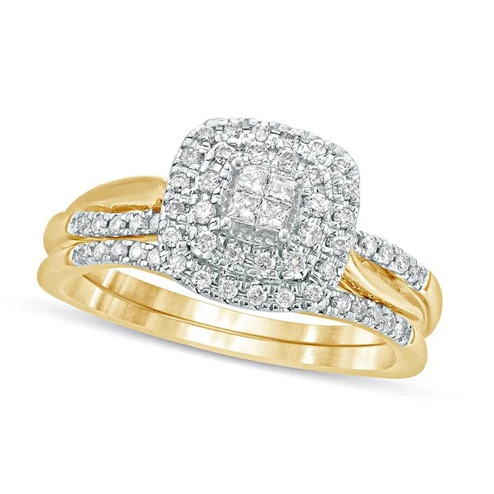 Rings Goldia 038 CT TW PrincessCut Quad Natural Diamond Cushion Frame Bridal Engagement Ring Set in Solid 10K Yellow Gold Rings Goldia 038 CT TW PrincessCut Quad Natural Diamond Cushion Frame Bridal Engagement Ring Set in Solid 10K Yellow Gold