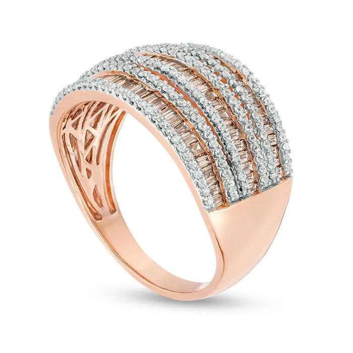 Rings Goldia 10 CT TW Champagne and White Natural Diamond MultiRow Band in Solid 10K Rose Gold