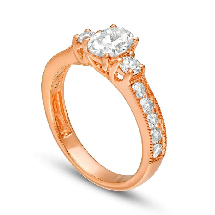 Rings Goldia 133 CT TW Oval and Round Natural Diamond Three Stone Engagement Ring in Solid 14K Rose Gold