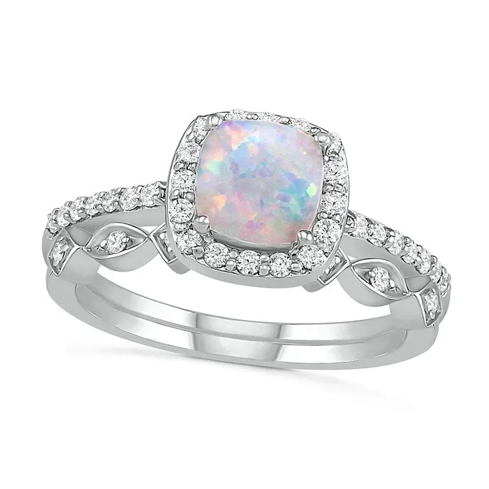 Rings Goldia 60mm CushionCut LabCreated Opal and 025 CT TW Diamond Frame Art Deco Bridal Engagement Ring Set in Solid 10K White Gold Rings Goldia 60mm CushionCut LabCreated Opal and 025 CT TW Diamond Frame Art Deco Bridal Engagement Ring Set in Solid 10K White Gold