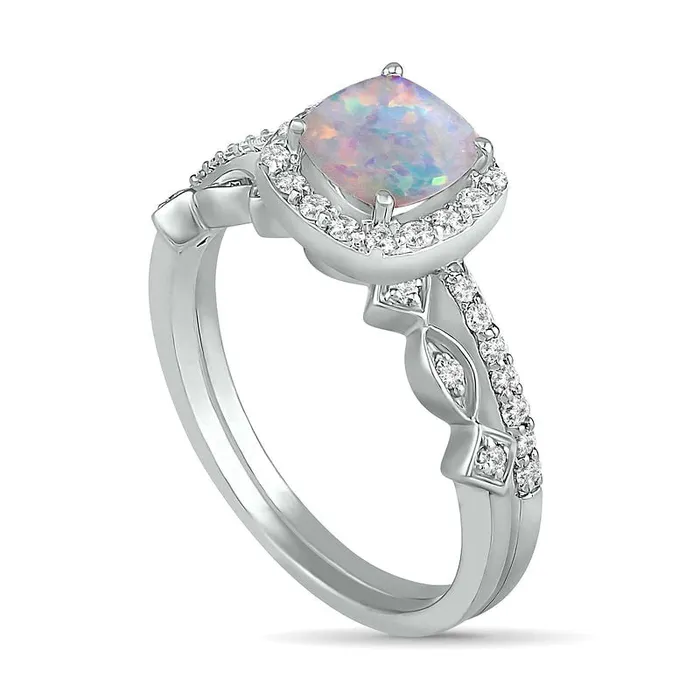 Rings Goldia 60mm CushionCut LabCreated Opal and 025 CT TW Diamond Frame Art Deco Bridal Engagement Ring Set in Solid 10K White Gold