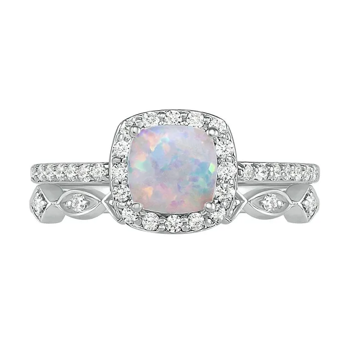 Rings Goldia 60mm CushionCut LabCreated Opal and 025 CT TW Diamond Frame Art Deco Bridal Engagement Ring Set in Solid 10K White Gold