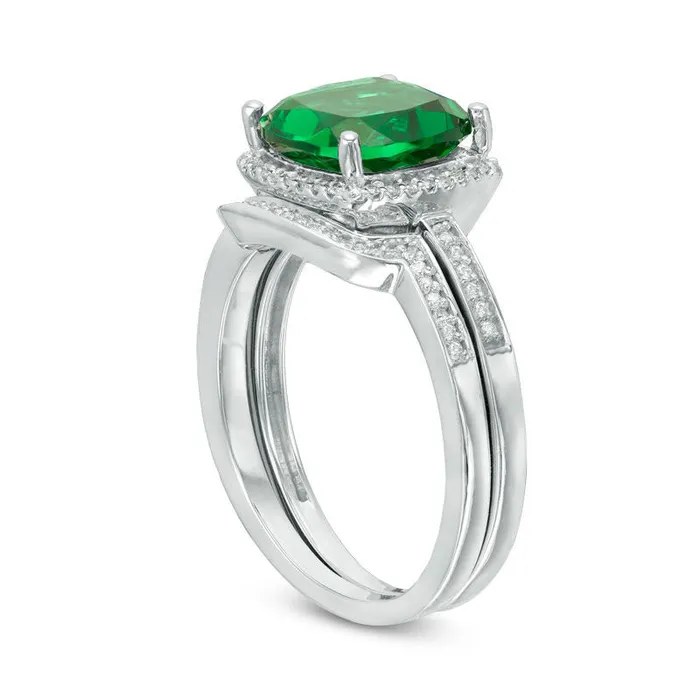Rings Goldia 90mm CushionCut LabCreated Emerald and 020 CT TW Diamond Frame Bridal Engagement Ring Set in Solid 10K White Gold