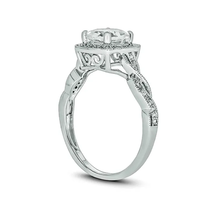 Rings Goldia LabCreated White Sapphire and 010 CT TW Diamond Cushion Frame Twist Shank Antique VintageStyle Ring in Solid 10K White Gold