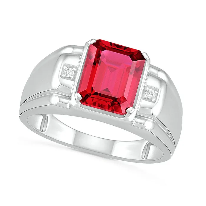 Rings Goldia Mens EmeraldCut LabCreated Ruby and Diamond Accent Collar Stepped Edge Ring in Sterling Silver Rings Goldia Mens EmeraldCut LabCreated Ruby and Diamond Accent Collar Stepped Edge Ring in Sterling Silver