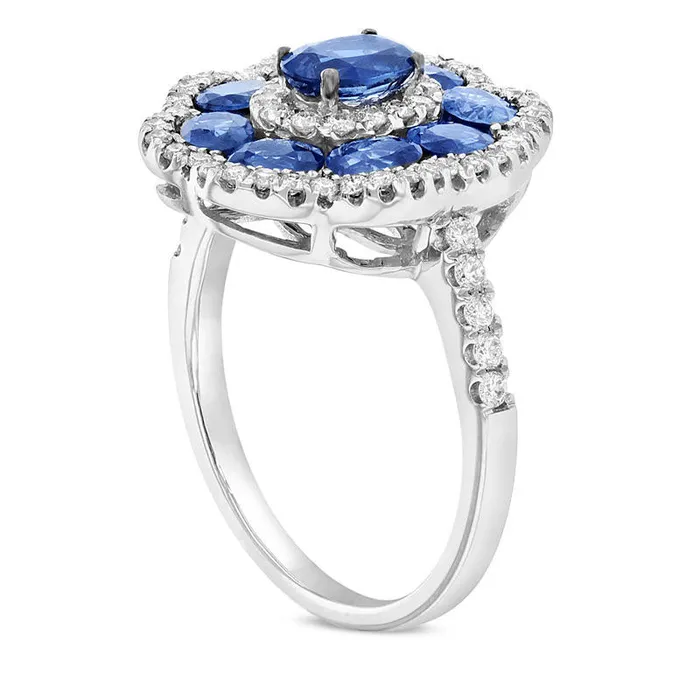 Rings Oval Blue Sapphire and 038 CT TW Natural Diamond Scallop Frame Flower Ring in Solid 14K White Gold Goldia